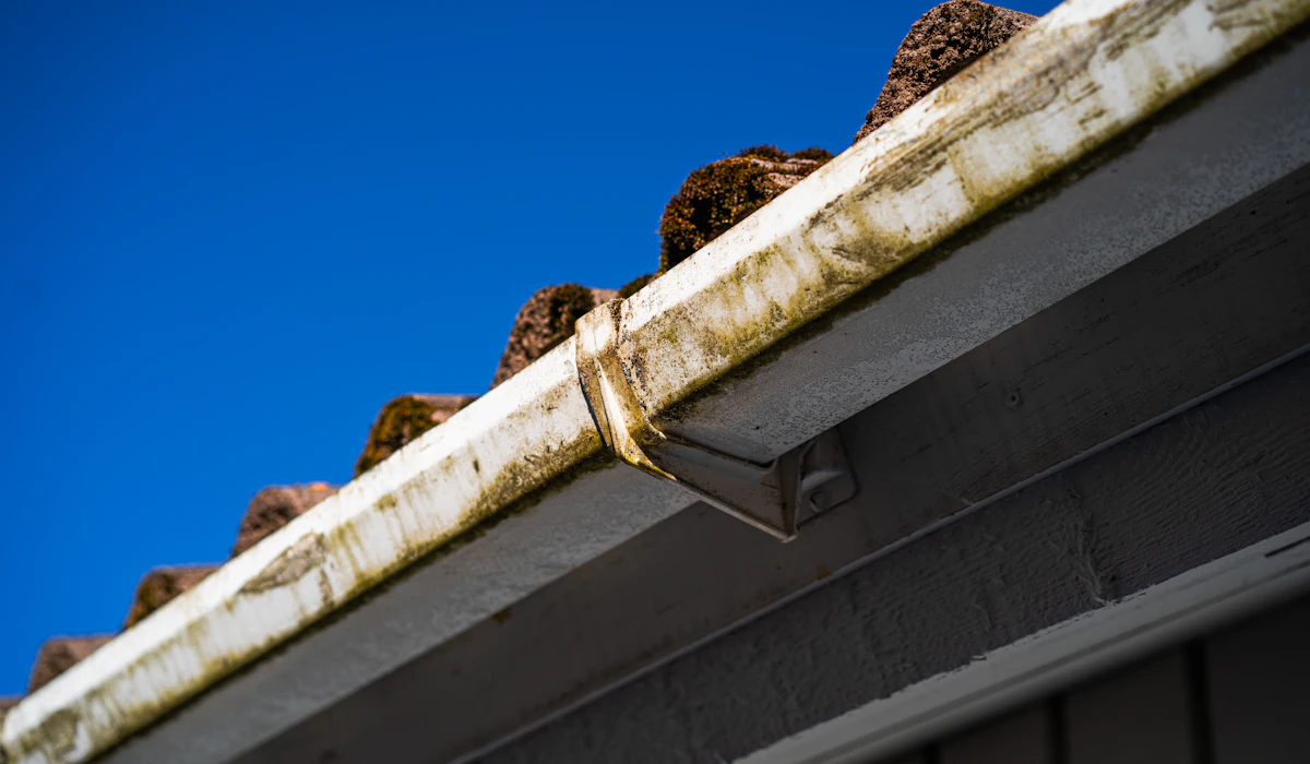 Stege med stegkrok mot hängränna under rensning